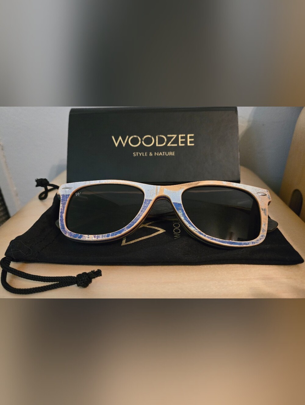 Woodzee Blue/Green/Tan Wood Reclaimed Skateboard Sunglasses S/M